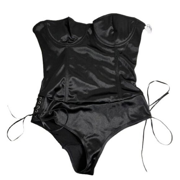 NEW Y2K Velvet Kitten Black Satin Bodysuit Size Small  Coquette - Picture 1 of 7